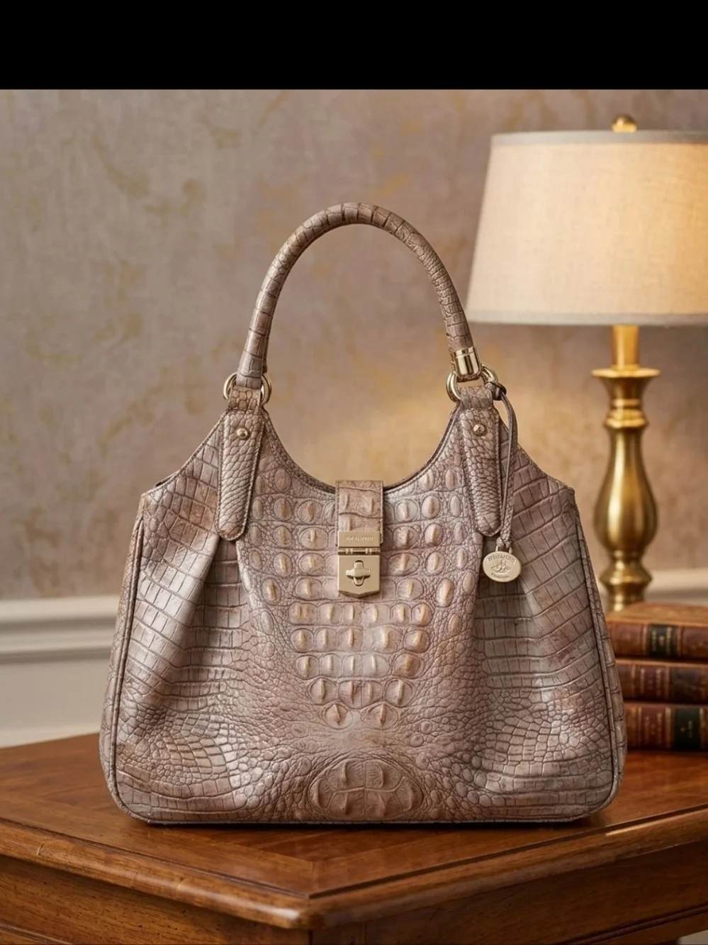 Brahmin Melbourne Crocodile Embossed Leather Hobo Bag Toasted Ombre EUC